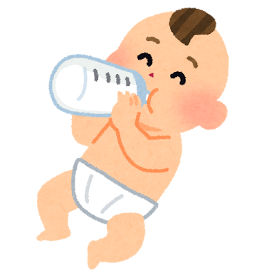 젖병에 우유를 마시는 아기의 그림