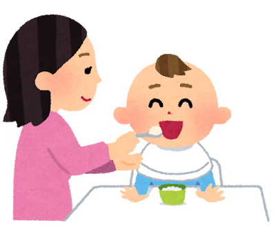 아기가 이유식을 먹게하는 엄마의 그림